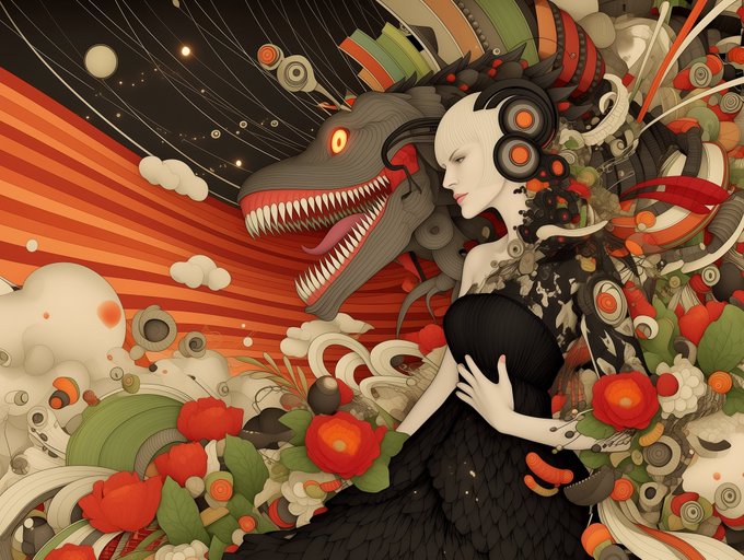 A stylized illustration of a pale woman in a black dress standing beside a large gray dinosaur-like creature, surrounded by surreal flowers and abstract elements.