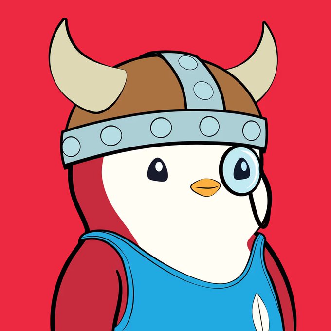 A cartoon penguin wearing a brown Viking helmet with cream-colored horns and a blue tank top against a red background.