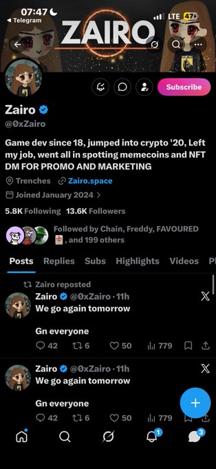 A X/Twitter profile screenshot for 'Zairo' (@0xZairo) with 13.6K followers, bio describing the user as a game dev since 18 who jumped into crypto, with a recent repost reading 'We go again tomorrow / Gm everyone'.