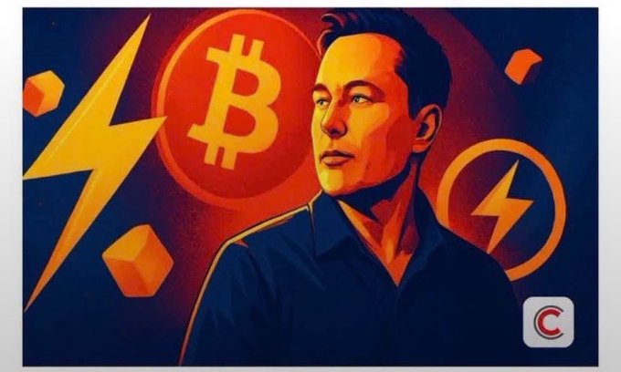 A stylized portrait of Elon Musk against a dark blue and orange background featuring Bitcoin (₿) and lightning bolt symbols, with a "C" logo in the corner. The bold pop-art visuals of Bitcoin and electricity motifs visually frame the post's question about Musk's cryptic hint at a non-USD, non-BTC, non-ETH "global payment cryptocurrency."