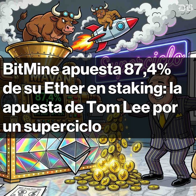 An illustration of bulls, a rocket, and a pile of gold coins serves as background for Spanish text: 'BitMine apuesta 87,4% de su Ether en staking: la apuesta de Tom Lee por un superciclo'.