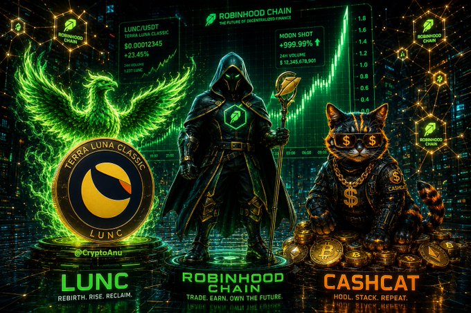 A digital crypto promotional artwork featuring a green phoenix, a hooded figure with a staff, a cat in gold jewelry, and a Terra Luna Classic (LUNC) coin, with text referencing Robinhood Chain and Cashcat.