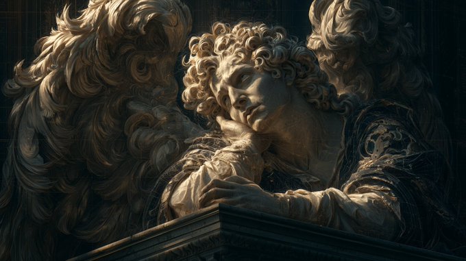 The image features a statue of an angel with curly hair, resting its head on someone's shoulder or arm. The angel appears to be sleeping, as indicated by the person's hand placed over their shoulder. The background of the image is dark, which contrasts with the light shining on the angel statue and emphasizes its presence in the scene. There are no texts present in the image, so it does not provide any information about a post or comment related to this particular image.