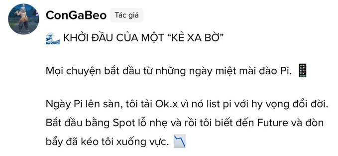 A Vietnamese Facebook post by user 'ConGaBeo' discussing the beginning of a new trading journey, mentioning Pi coin listing on OKX, starting with Spot, and then moving to Futures trading.
