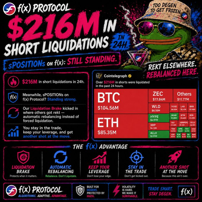 The image features a poster with a cartoon frog wearing sunglasses and a hat, accompanied by text that reads "There's literally 0 reason to get liquidated, yet everyone still puts their head on the chopping block @protocol_fx = 0 liquidations $FXNcoded". The poster also includes a list of advantages for investing in cryptocurrency.
