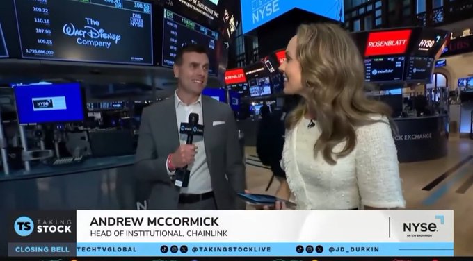 An NYSE floor interview features Andrew McCormick, Head of Institutional at Chainlink, being interviewed by a reporter on 'Taking Stock' at the New York Stock Exchange.
