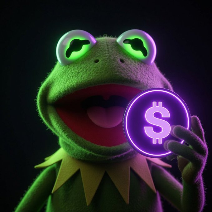 A 3D render of Kermit the Frog holding a glowing purple coin with a dollar sign '$' in his hand, set against a dark background with green illumination on his eyes.