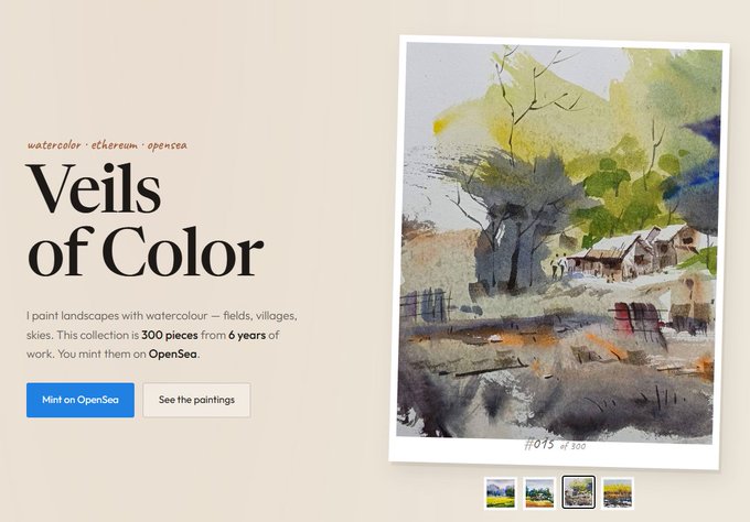 The image is a promotional graphic for "Veils of Color," a watercolor NFT collection by Karidul Islam, featuring a featured landscape painting (#015 of 300) alongside text describing the 300-piece collection minted on OpenSea with "Mint on OpenSea" and "See the paintings" buttons.