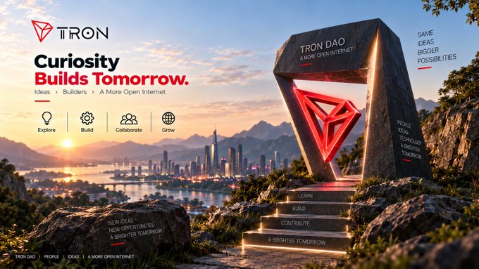 A promotional banner for TRON DAO featuring the tagline 'Curiosity Builds Tomorrow' with icons for Explore, Build, Collaborate, and Grow, set against a scenic landscape with a glowing TRON monument.