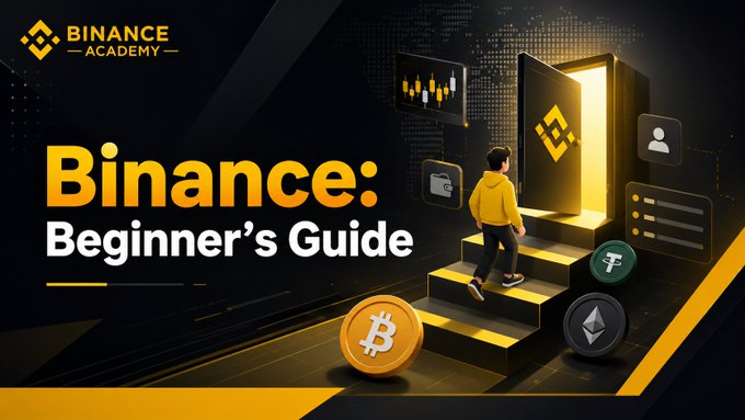 A Binance Academy promotional graphic titled "Binance: Beginner's Guide" features a person in a yellow hoodie walking up glowing steps toward a door marked with the Binance logo, surrounded by cryptocurrency symbols including Bitcoin and Ethereum, alongside candlestick charts and interface elements, visually reinforcing the post's message about taking gradual steps when starting on Binance.