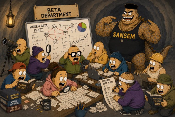 A cartoon illustration titled 'BETA DEPARTMENT' depicting various cartoon characters in a cave-like setting analyzing crypto trading strategies, with one large muscular character wearing a '$ANSEM' tank top and others studying 'ANSEM METRICS' and 'POSSIBLE BETA PLAYS'.
