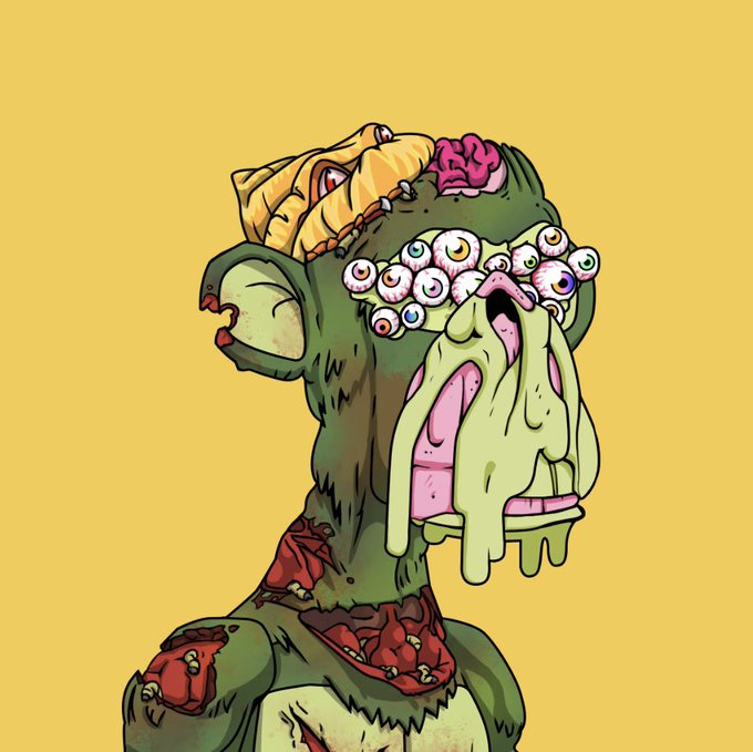 A cartoonish illustration of a grotesque green zombie creature with multiple eyeballs on its forehead, exposed brain matter, and melting yellow slime dripping from its open mouth.
