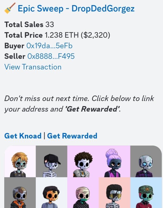 The image shows a transaction notification for an "Epic Sweep" of DropDedGorgez NFT collection, totaling 33 sales for 1.238 ETH ($2,320) between buyer 0x19da...5eFb and seller 0x8888...F495, with a preview of the skeletal Umbra character artwork below. This aligns with the post announcing a large sweep of the Umbra/DedGorgez collection by a single buyer.