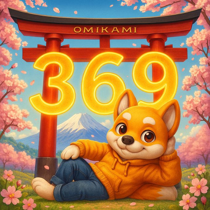 Stylized digital illustration of a Shiba Inu dog in an orange hoodie lying beneath a red torii gate inscribed with 'OMIKAMI', with the glowing number '369' and a Mount Fuji backdrop surrounded by cherry blossoms.