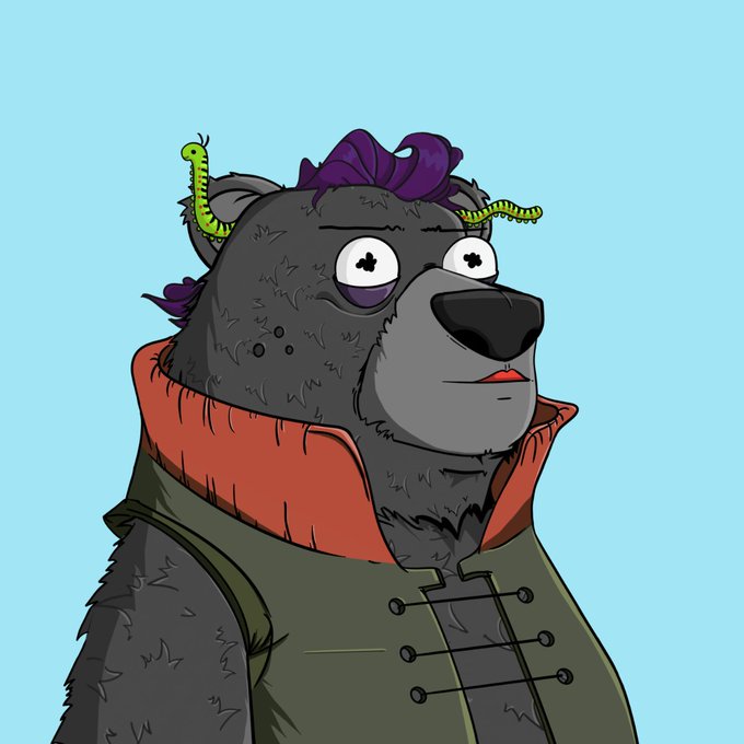 A stylized cartoon bear with purple hair, dollar signs in its eyes, and green worms emerging from its ears wears a green vest with an orange collar, illustrating the quirky, meme-worthy personality of the upcoming "Bearies" NFT collection dropping tomorrow on OpenSea.