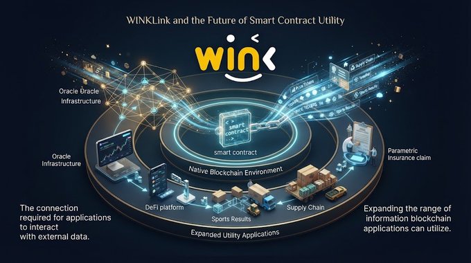 An infographic titled 'WINkLink and the Future of Smart Contract Utility' shows the WINk ecosystem with smart contracts, oracle infrastructure, DeFi platforms, and supply chain applications.