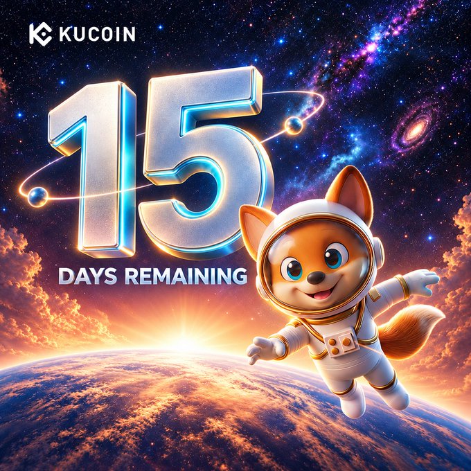 A vibrant cosmic countdown banner featuring KuCoin's mascot Astro KuKu—a smiling orange dog in a spacesuit—floating above Earth with the bold text "15 DAYS REMAINING," promoting the final stretch of The Mysterious Planet event offering a 100,000 USDT prize pool.
