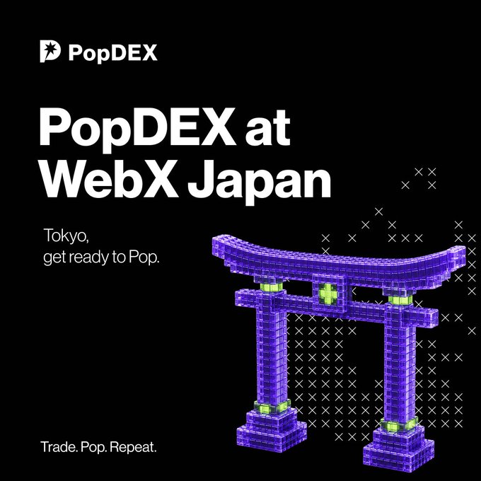 PopDEX promotional graphic for 'WebX Japan' in Tokyo featuring a purple torii gate with the tagline 'Trade. Pop. Repeat.'