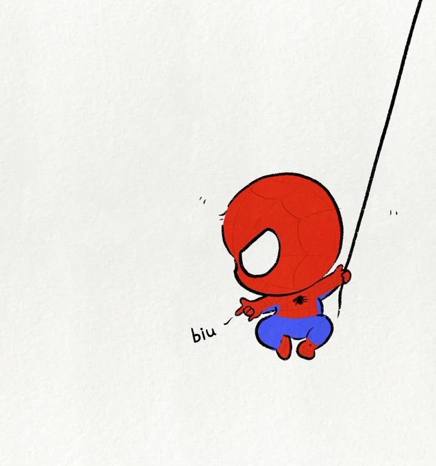 A chibi-style Spider-Man swings on a web line while making a finger gun gesture, accompanied by the onomatopoeia 'biu'.