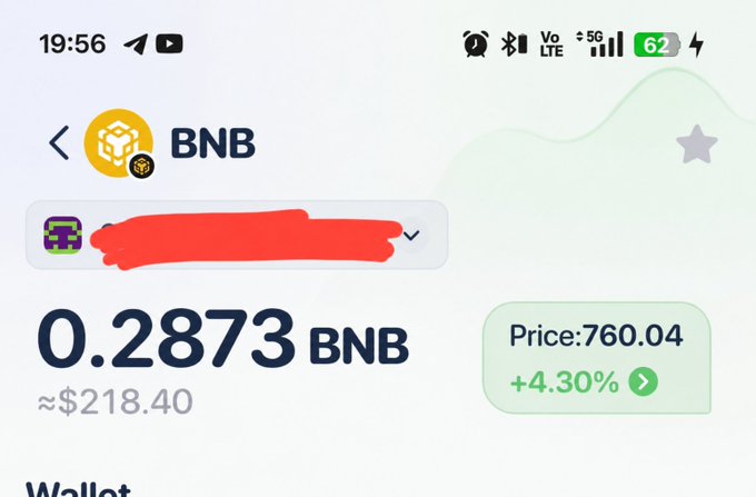 A screenshot of a crypto wallet app displays a BNB balance of 0.2873 BNB (≈$218.40), with BNB priced at $760.04 and up 4.30%—illustrating the user's earnings after trying out the Genius meme launchpad on BNB Chain.