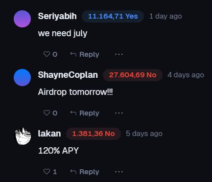 The image presents two text posts with varying fonts, one of which appears to be a joke or parody account. The post titled "So we've got a parody @shayne_coplan account holding 27k NO shares for the July 30 $POLY launch," is shared on social media and is related to the original post. Another post mentions a stock in August called "Airdrop tomorrow! 1 day ago," which may be an unusual or humorous reference to a previous discussion about stock trading or a joke involving Airdrop, given the content of this post. The posts have been labeled with different names and are placed next to each other on a computer screen.