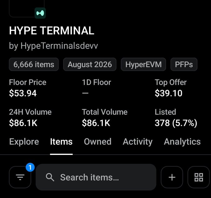 A mobile screen displaying an NFT collection called 'HYPE TERMINAL' by HypeTerminalsdevv, with 6,666 items on HyperEVM, a floor price of $53.94, and 24H volume of $86.1K.