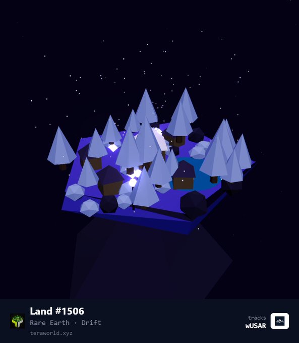 A low-poly 3D rendering titled 'Land #1506' from the game Teraworld, showing a small snowy forest of pine trees and cabins on a floating island against a starry sky.