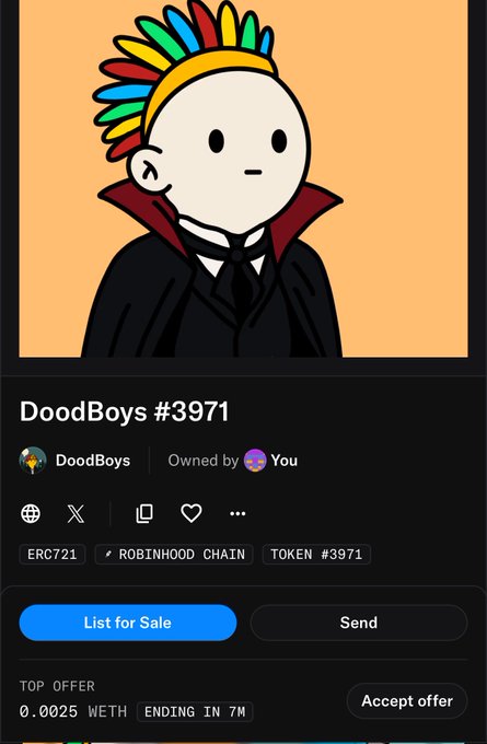 An NFT marketplace listing showing DoodBoys #3971, an ERC721 token on Robinhood Chain, owned by the user, with a top offer of 0.0025 WETH ending in 7 minutes.