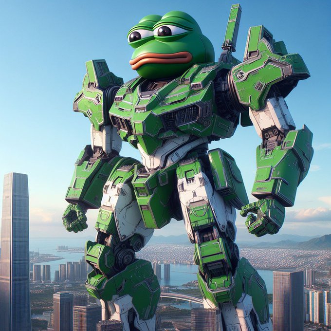 A 3D-rendered illustration of a giant green mech robot with the head of Pepe the Frog, featuring detailed mechanical armor plating and standing tall over a sprawling cityscape with a river and skyscrapers under a clear blue sky.