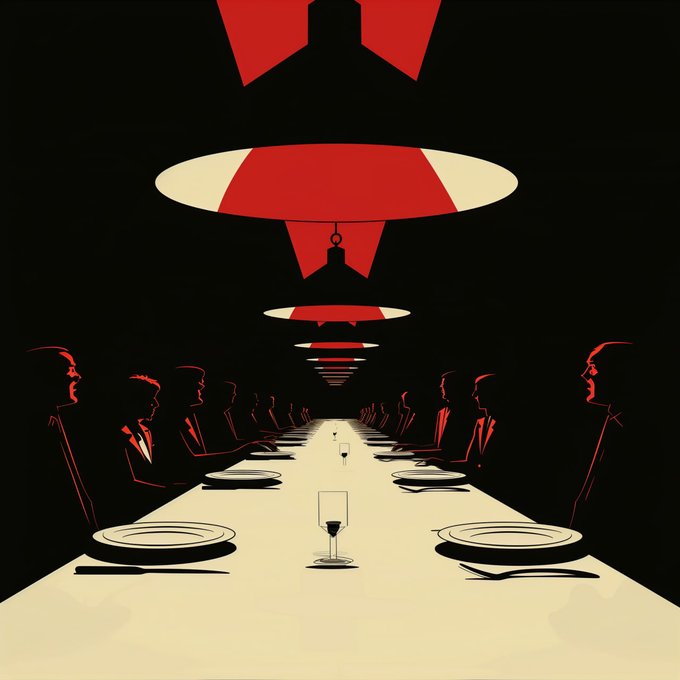 A stylized illustration showing silhouettes of figures seated on opposite sides of a long, receding table set with plates and wine glasses, illuminated by overhead lamps against a stark black and red background.