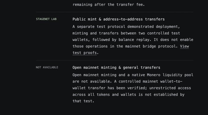 A screenshot of dark-mode text describing cryptocurrency features, noting 'STAGENET LAB' supports public mint & address-to-address transfers, while 'NOT AVAILABLE' indicates open mainnet minting & general transfers are not yet enabled.