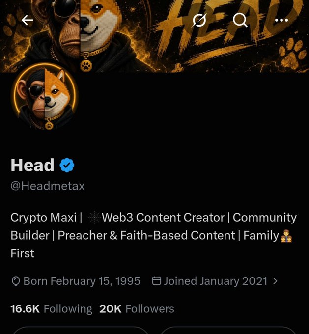 An X (Twitter) profile for 'Head' (@Headmetax), a verified account described as 'Crypto Maxi | Web3 Content Creator | Community Builder | Preacher & Faith-Based Content | Family First', born February 15, 1995, with 16.6K following and 20K followers.