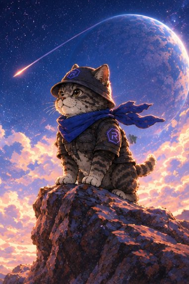 Digital artwork of an astronaut cat wearing a military-style cap and blue scarf, sitting on a rocky peak with Earth and a shooting star in the cosmic sky.