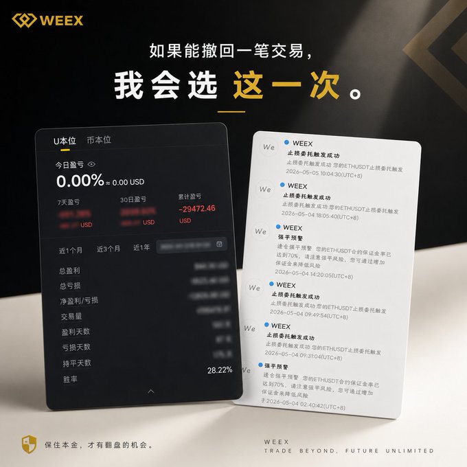 A WEEX cryptocurrency exchange advertisement in Chinese reading '如果能撤回一笔交易，我会选这一次' (If I could undo one trade, I'd choose this one), showing account statistics with a -$29,472.46 loss and 28.22% win rate.