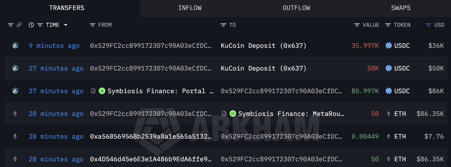 A computer screen displaying a table with various cryptocurrency transactions, including Bitcoin, Ethereum, Ripple, and others. The text "The Humanity Protocol" suggests that this might be related to a hack or theft of funds, as KuCoin has been used to convert stolen funds into USDC.