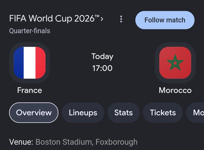 A screenshot of a sports app displaying the FIFA World Cup 2026 Quarter-final match between France and Morocco scheduled for today at 17:00 at Boston Stadium, Foxborough, showing an "Overview" tab with options for Lineups, Stats, and Tickets. The image relates to the post by showing the upcoming World Cup match the user is encouraging followers to make predictions about for a potential $10 SOL giveaway.
