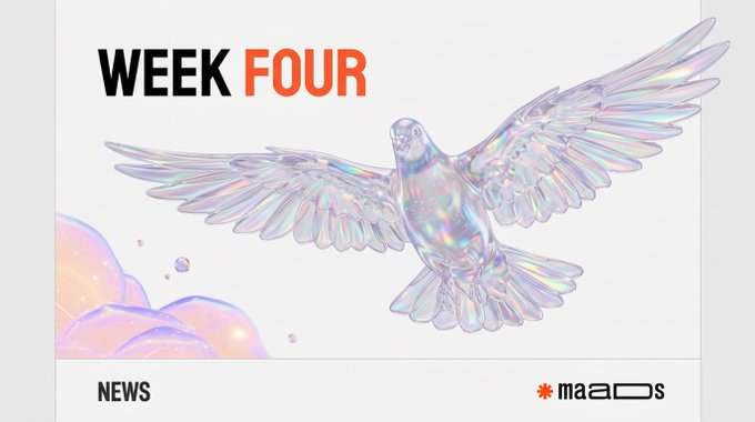The image features an iridescent, holographic-style dove with outstretched wings against a light background, with "WEEK FOUR" displayed prominently in bold black and red text at the top left, and a "news" label with a "MaaDs" logo at the bottom. The dove imagery reinforces the post's theme of organic, free-flying user retention by week four—suggesting that genuine holders "fly in" on their own, unlike metrics like TVL or Discord size that can be artificially inflated on launch day.