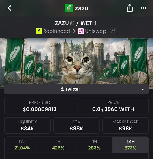 A cryptocurrency tracking app showing the token 'ZAZU' paired with WETH on Uniswap V3, priced at $0.00009813 with a 24H increase of 873%.