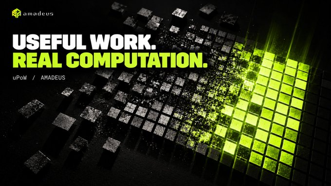 A dark promotional graphic for 'amadeus' featuring the bold text 'USEFUL WORK. REAL COMPUTATION.' over a grid of tiles, with a section illuminated in bright neon green/yellow.