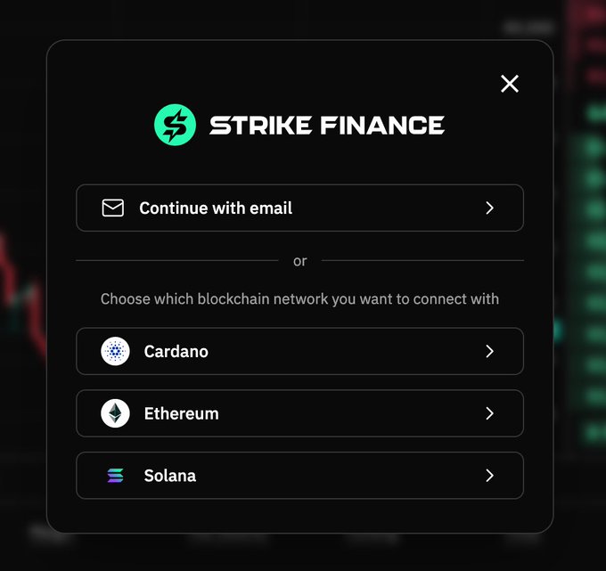 A 'STRIKE FINANCE' login modal allows users to 'Continue with email' or connect via blockchain networks including Cardano, Ethereum, and Solana.