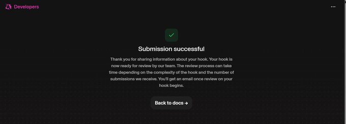A dark-themed webpage displaying a 'Submission successful' confirmation message with a green checkmark, thanking the user for sharing information about their hook and noting that a review process will follow.