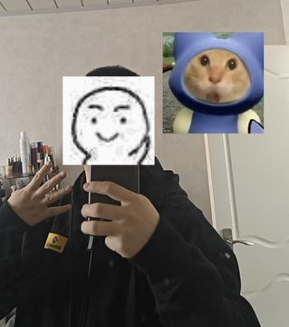 A person taking a mirror selfie with their face obscured by a drawn smiley face, while holding a phone; a meme of an orange cat in a blue Sonic-style hood is overlaid in the upper right.