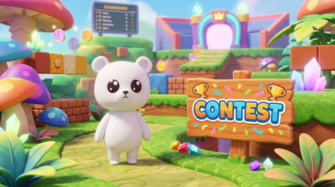 A cute white bear character stands in a colorful, game-like landscape next to a wooden sign that reads "CONTEST," announcing the winners of the 2D Contest with 1st place going to @fastlifejonny for "Pixel Zombie Outbreak," 2nd to @Solnaldo7 for "Rug Pull Runner," and 3rd to @kairos98htl.