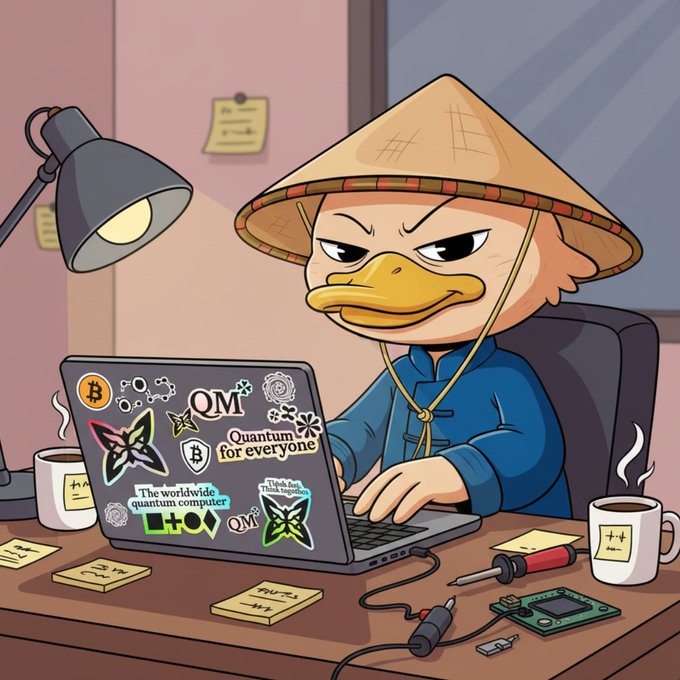 The image features a cartoon duck sitting at a desk, wearing a hat with a computer monitor behind him. The desk also has a laptop open next to a cup of coffee and several stickers on its surface. A note about Bitcoin protocols is posted nearby.