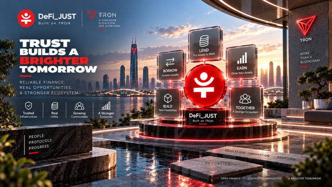 A promotional graphic for "DeFi_JUST" built on the TRON blockchain, featuring the tagline "TRUST BUILDS A BRIGHTER TOMORROW" and icons for Lend, Borrow, Earn, Build, and Together against a cityscape background.