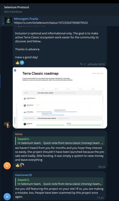 A Telegram channel screenshot for 'Selenium Protocol' showing 834 members, displaying posts from Dawid S. and others discussing the Terra Classic ecosystem roadmap.