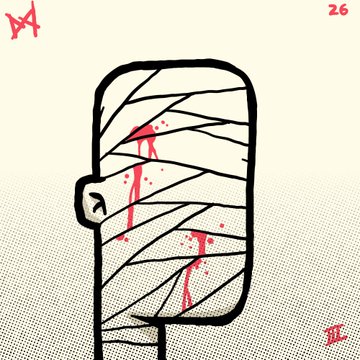 A stylized black and white illustration depicts a head wrapped in bandages with red blood splatters, with a small arrow pointing into the head.