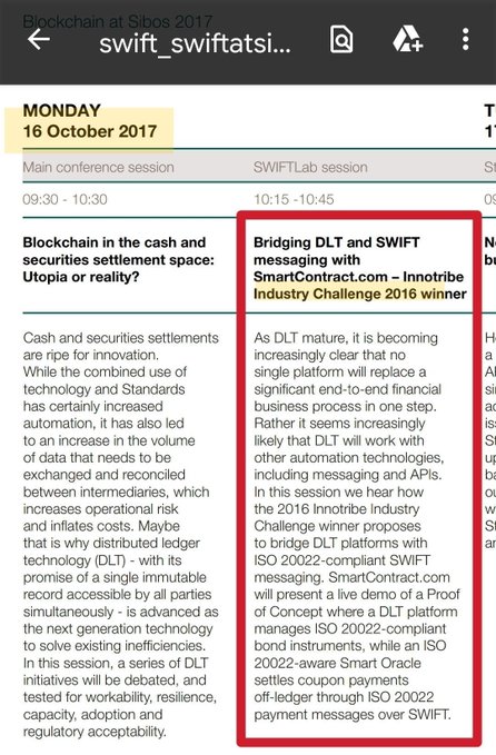 A mobile schedule screenshot for 'Blockchain at Sibos 2017' on Monday, 16 October 2017, with a red box highlighting the 'Bridging DLT and SWIFT messaging with SmartContract.com' session.