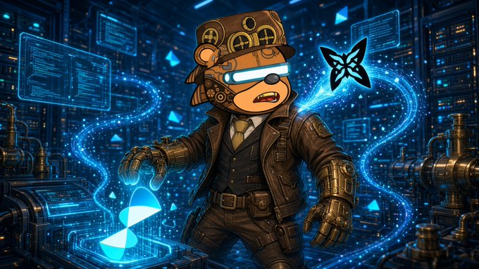 A digital illustration of a steampunk-styled monkey character wearing a top hat with goggles and a brown coat, surrounded by glowing blue holographic interfaces, a butterfly, and server-like machinery in a high-tech environment.