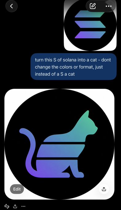 A user shares a playful ChatGPT-generated image where Solana's "S" logo has been creatively transformed into a cat silhouette while preserving the original gradient colors and format, jokingly claiming credit for designing part of Solana's logo.